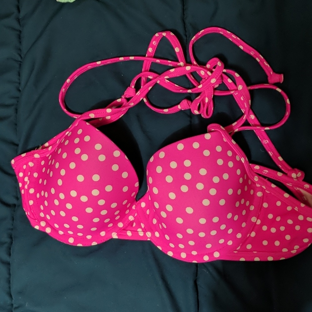 New hot pink w/white polka dots halter bikini top